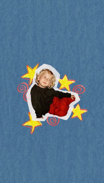 Paper-cut photo collage with yellow stars and red doodles on blue textured paper