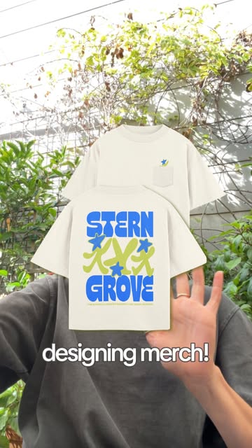 Stern Grove merchandise mockups with blue and green lettering